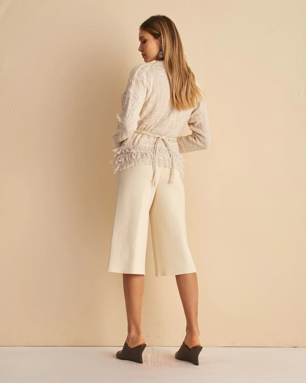 Roselia Pom-Pom Fringe Knit Cardigan Natural