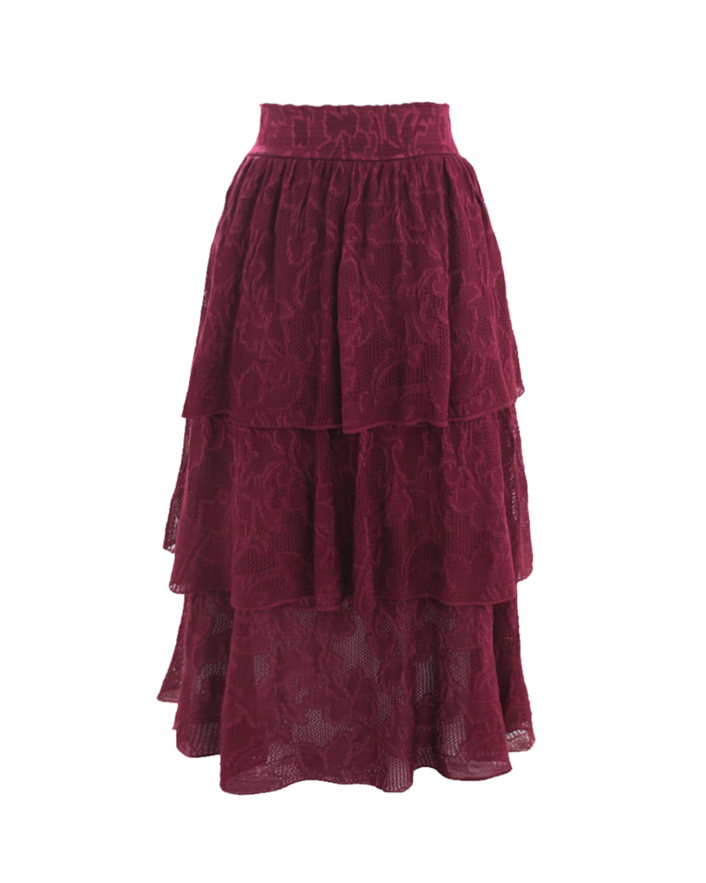 Gloria Tiered Jacquard Knit Midi Skirt Wine