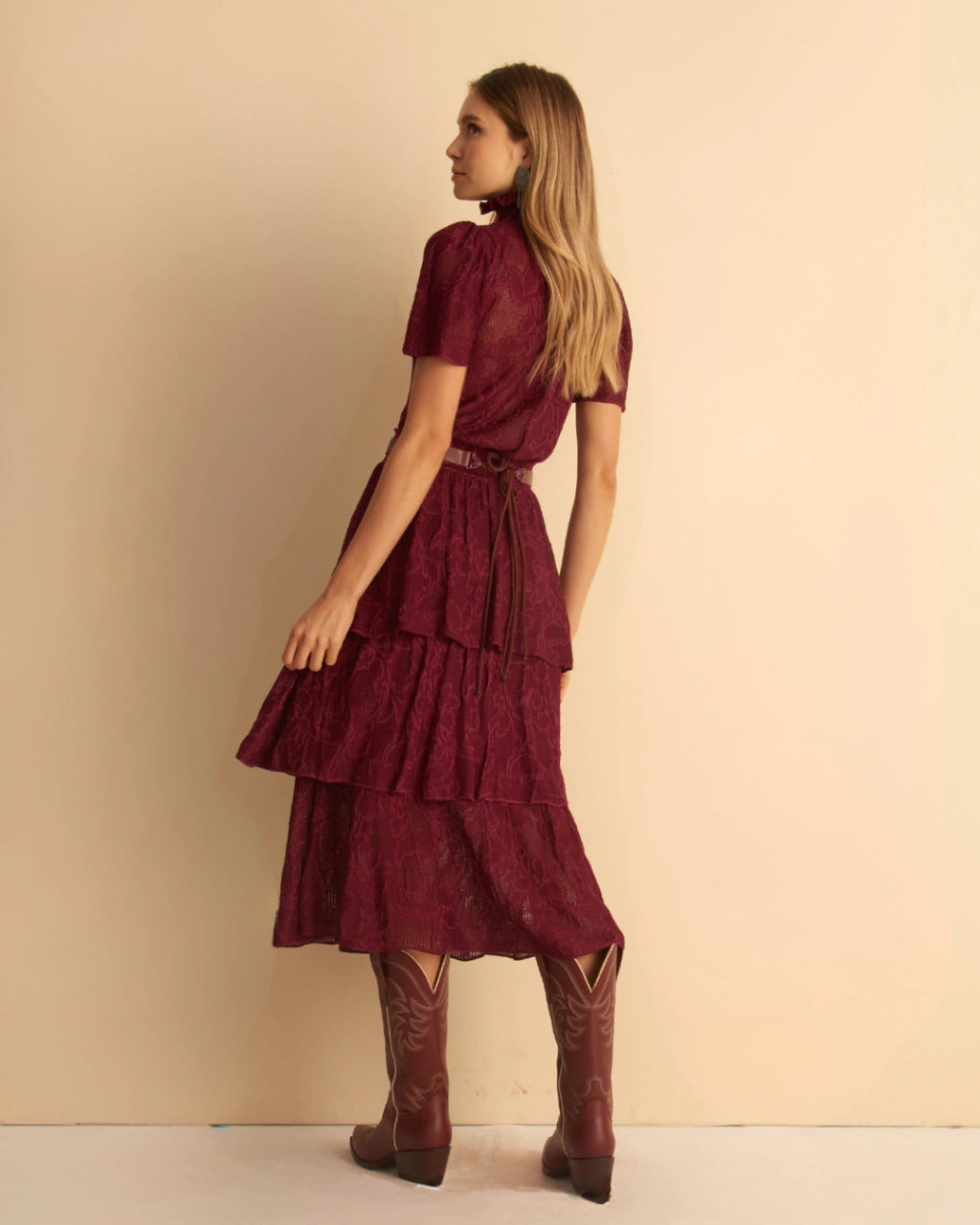 Gloria Tiered Jacquard Knit Midi Skirt Wine