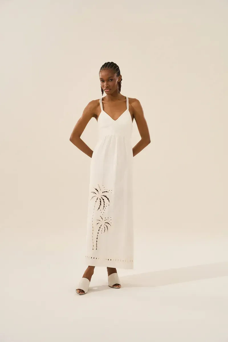 Natural Cotton Midi Dress with Palm Tree Embroidery