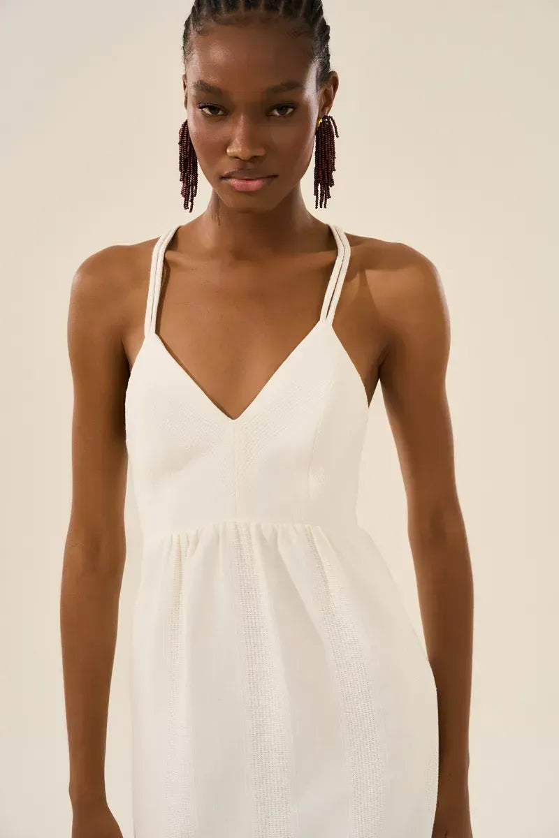 Natural Cotton Midi Dress with Palm Tree Embroidery