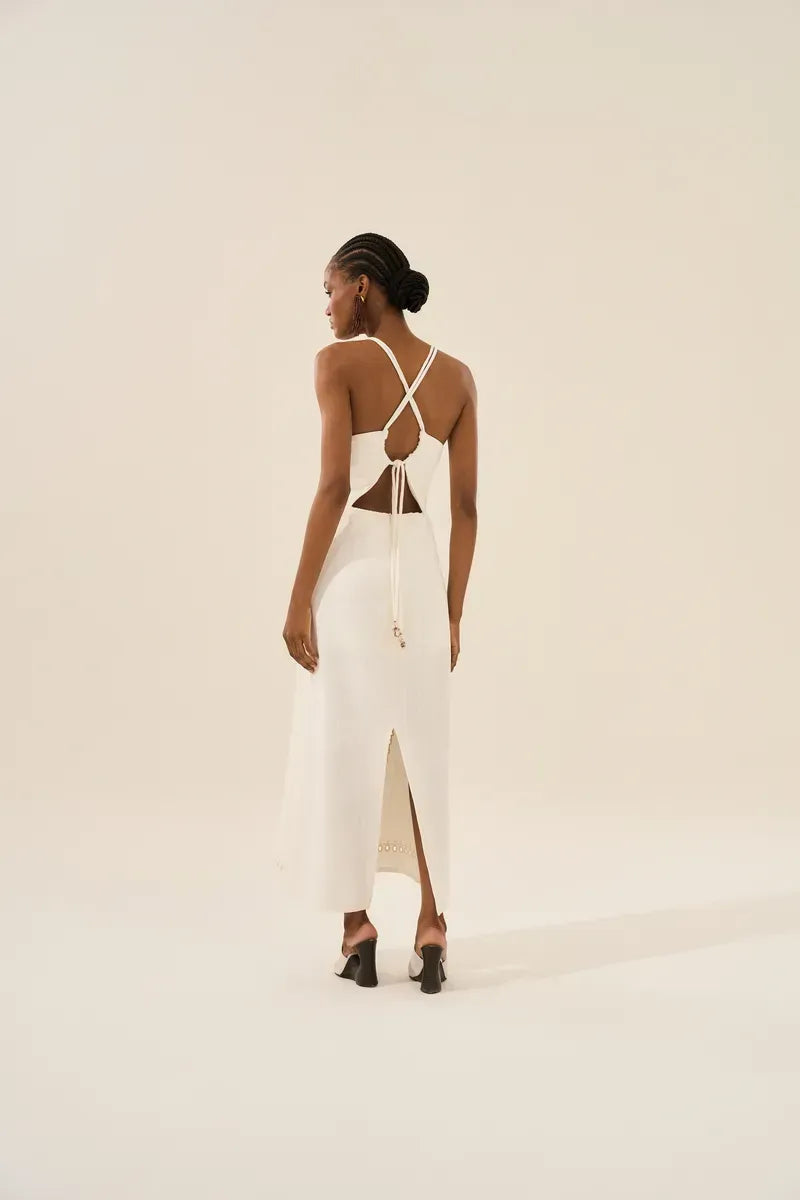 Natural Cotton Midi Dress with Palm Tree Embroidery