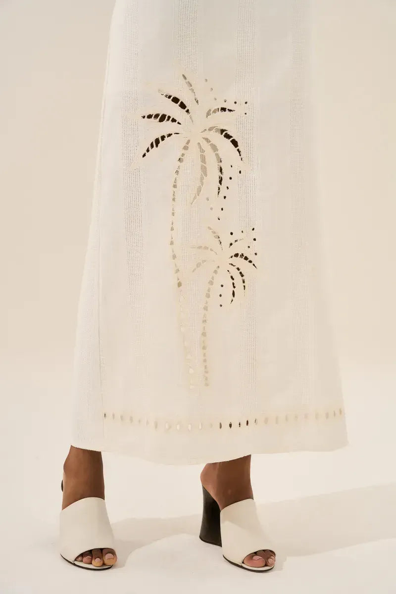 Natural Cotton Midi Dress with Palm Tree Embroidery