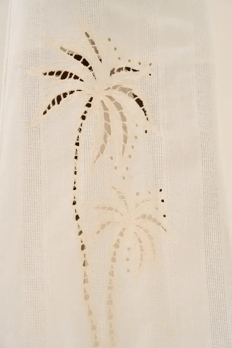 Natural Cotton Midi Dress with Palm Tree Embroidery
