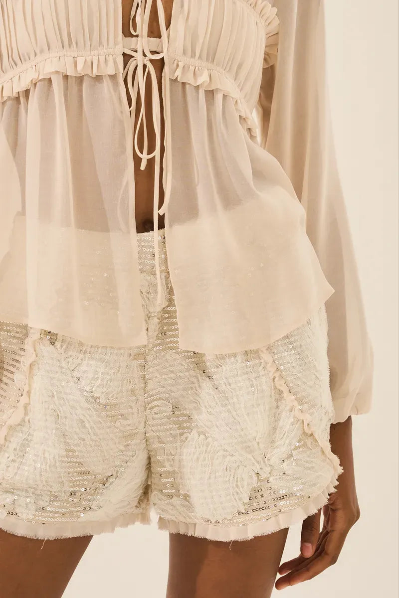 Natural Linen Embroidered Sequin Mini Shorts