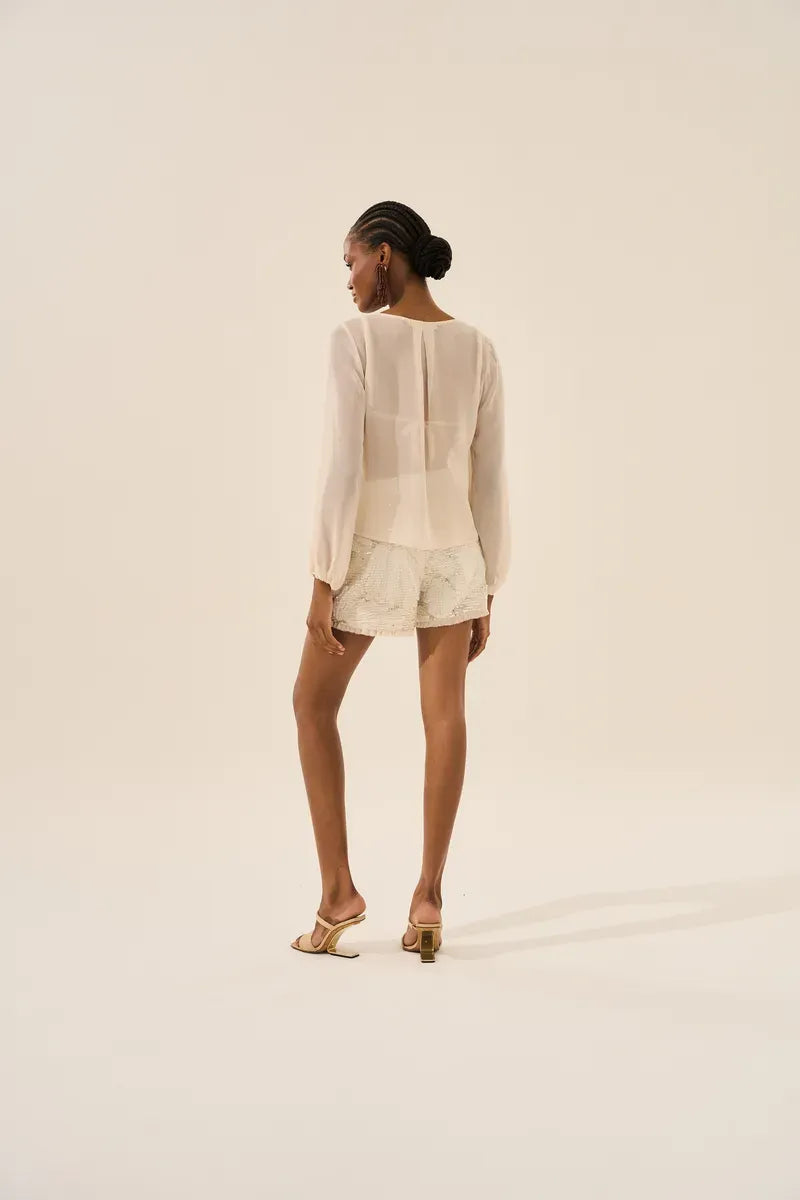 Natural Linen Embroidered Sequin Mini Shorts