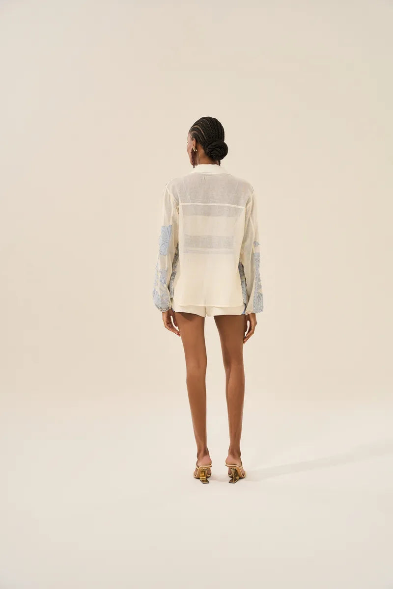 Blue Palm Embroidered 3 Pieces Shorts Set