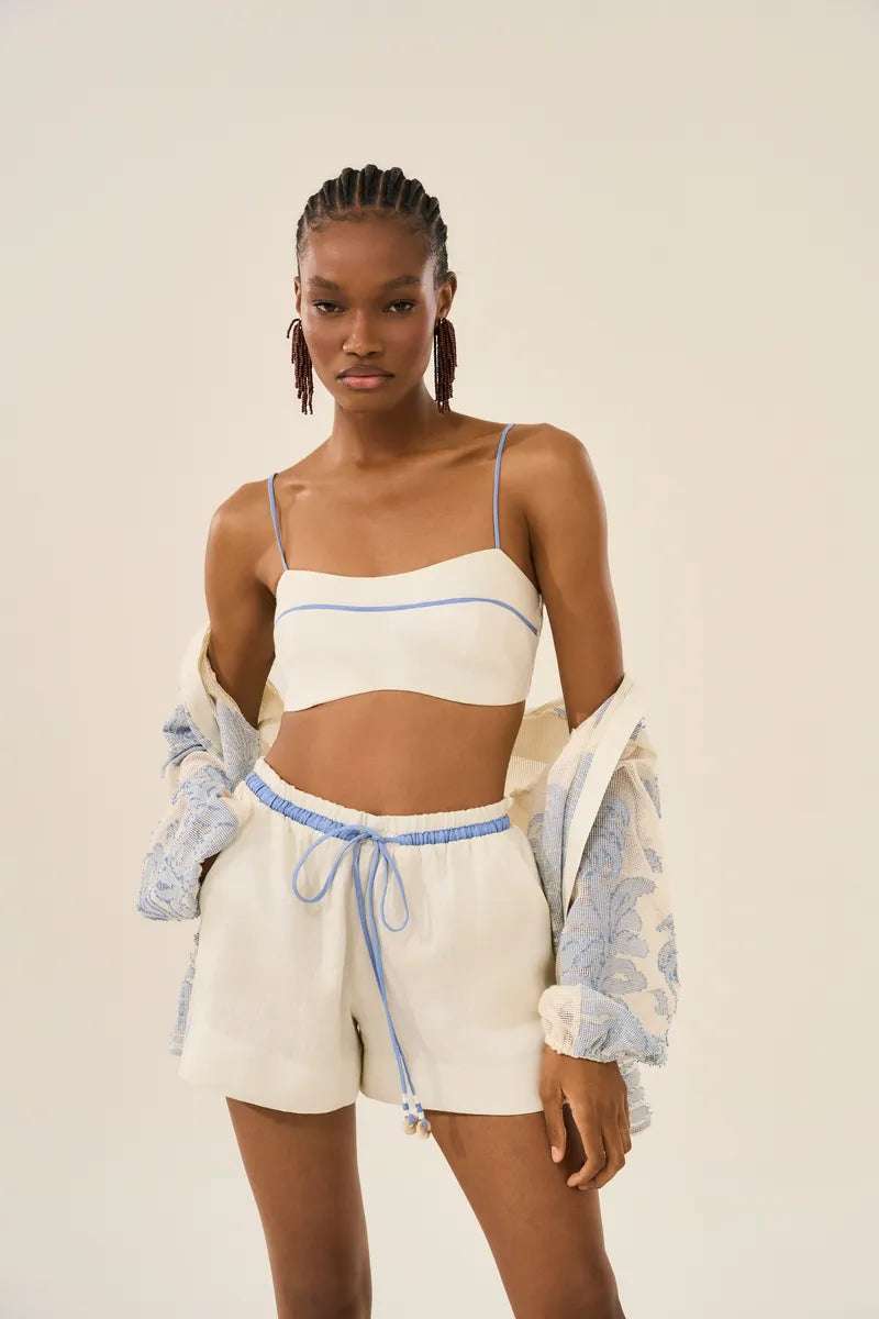 Blue Palm Embroidered 3 Pieces Shorts Set