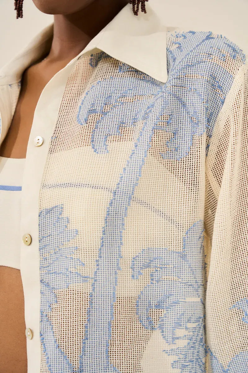 Blue Palm Embroidered 3 Pieces Shorts Set