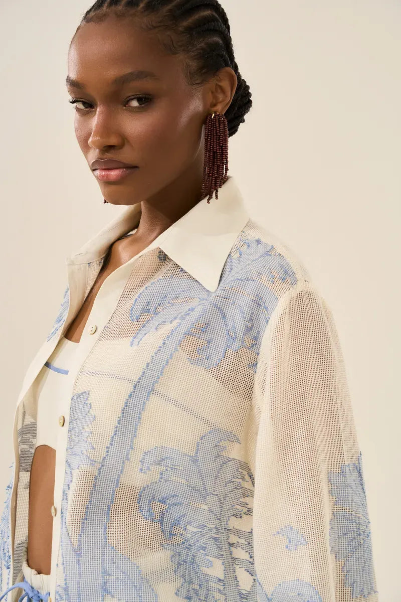 Blue Palm Embroidered 3 Pieces Shorts Set