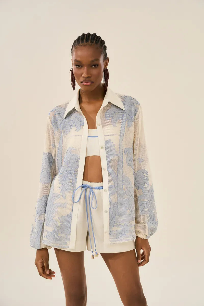 Blue Palm Embroidered 3 Pieces Shorts Set