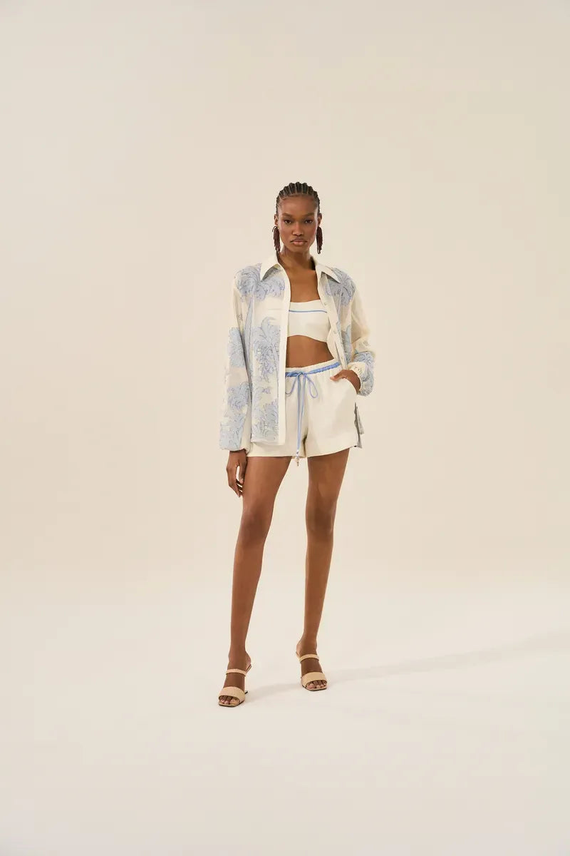 Blue Palm Embroidered 3 Pieces Shorts Set