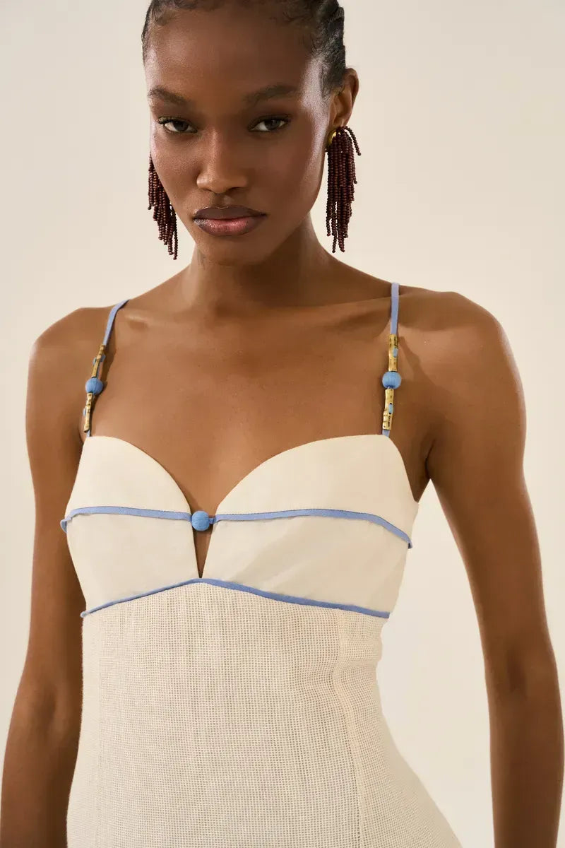 Blue Palm Embroidered Linen and Coton Dress