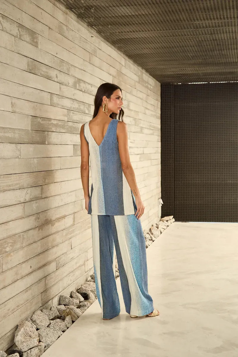 Loom-Woven Striped Set – Blue/Beige