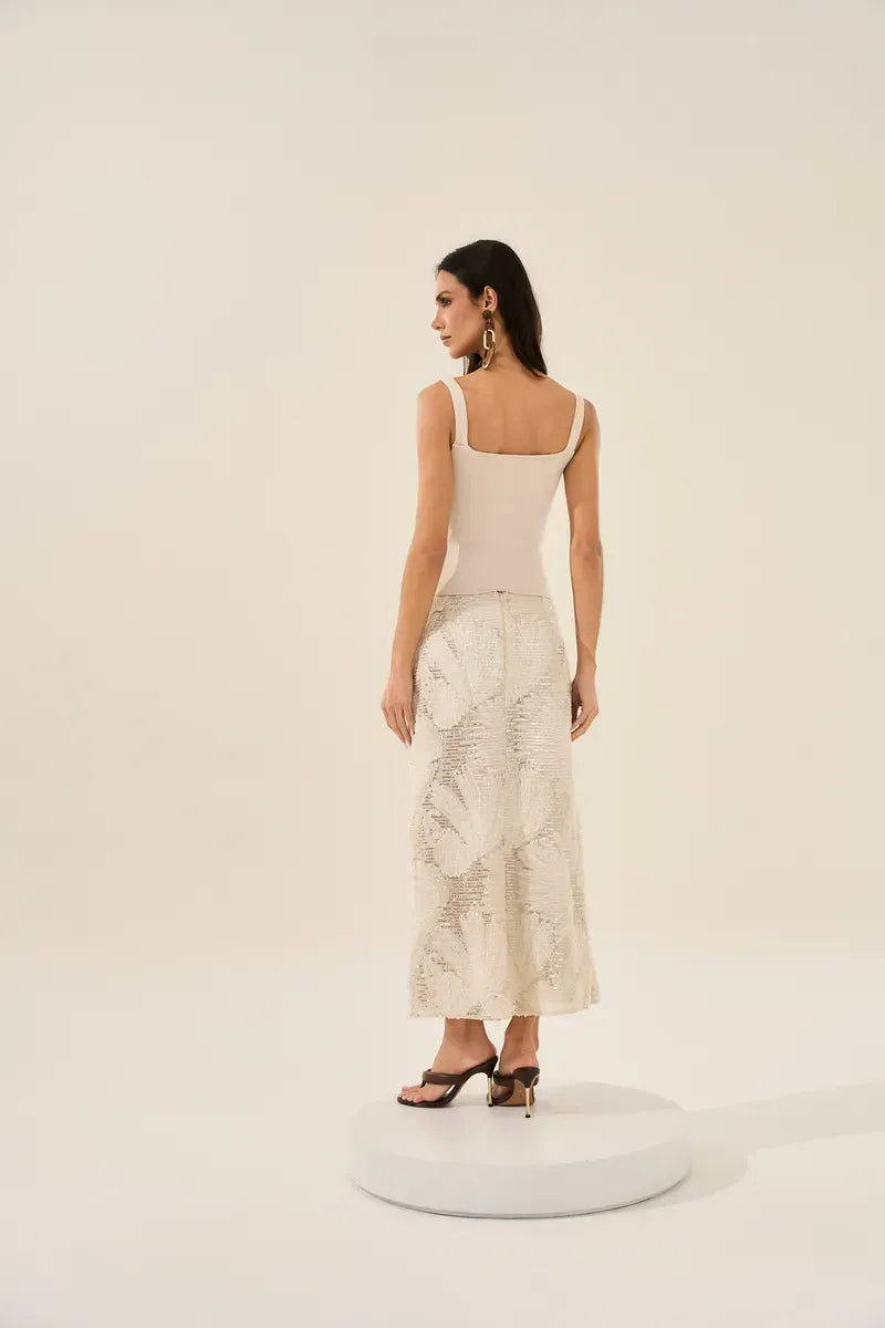 Natural Colored Sequin Embroidered Skirt