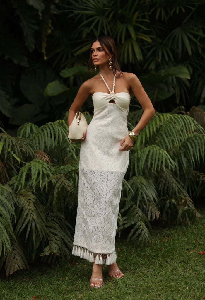Midi Dress with Fringe Hem – Mesh Sequins and Linen