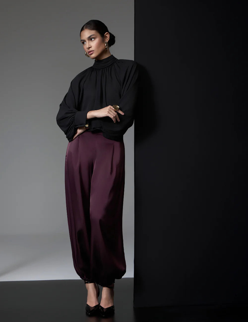 Long Sleeve Basic Black Blouse
