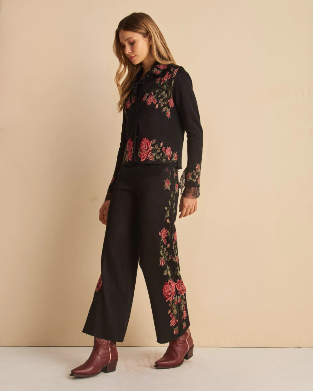 Adriana Floral Jacquard Knit Cardigan Black