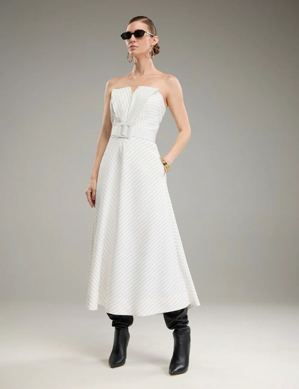 Chalk Lines Lady Like Strapless Midi Dress with Belt