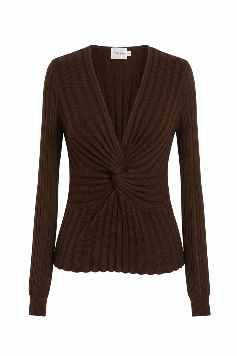 Nicole Twist Front Ribbed Knit Blouse Brown