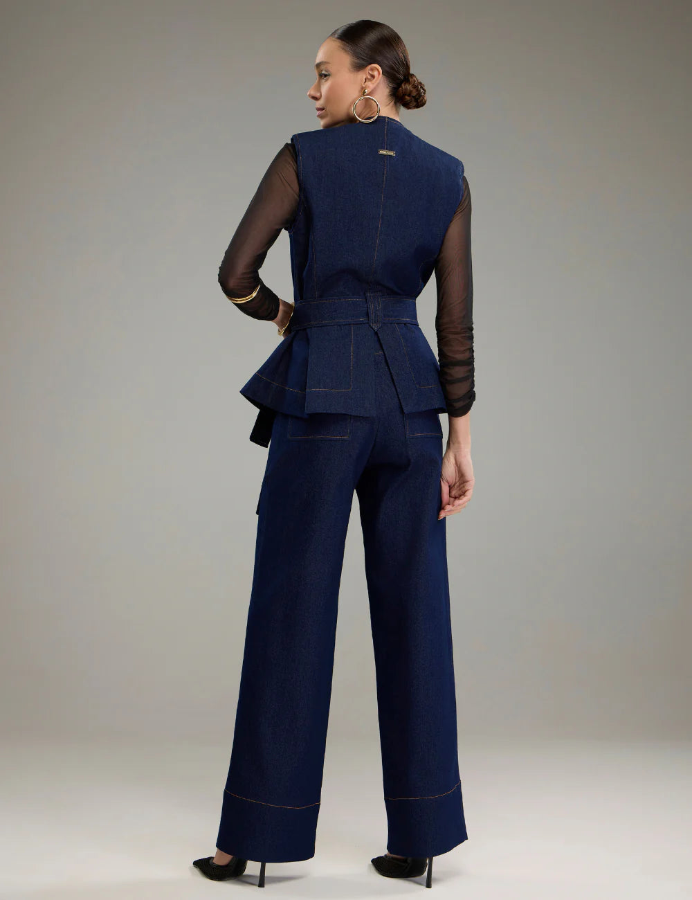 Denim Long Vest Modern Pants with Pocket Matching Set