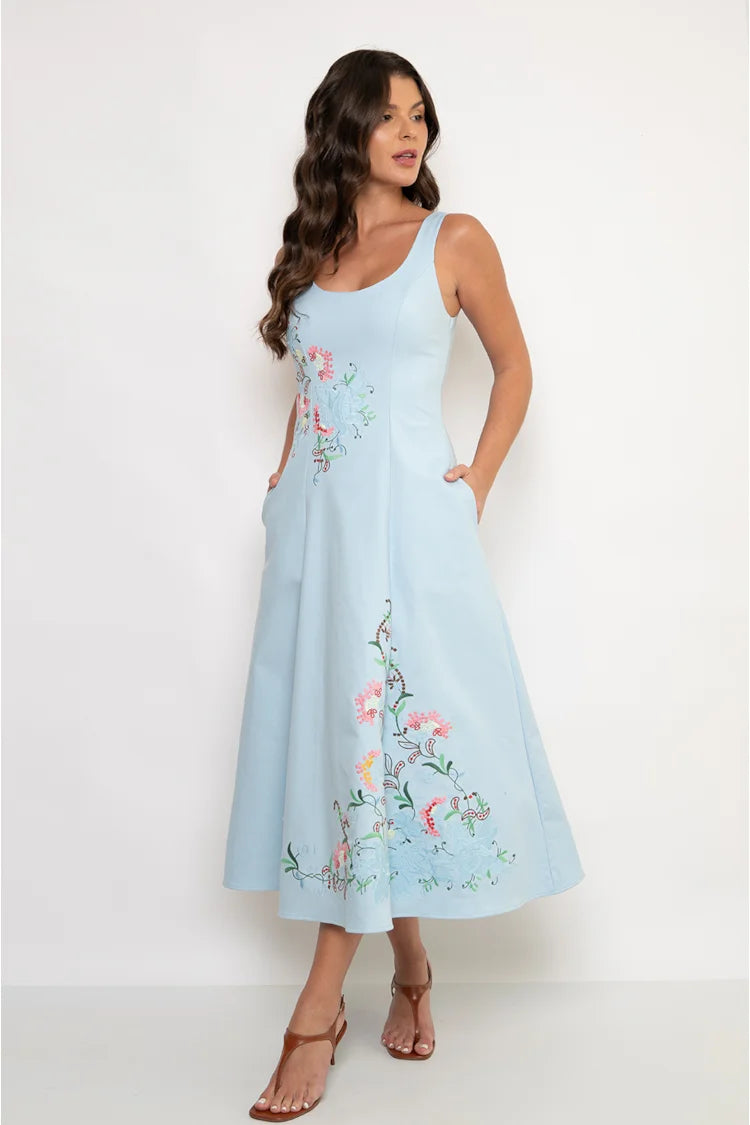 Amanda Blue Embroidered Dress