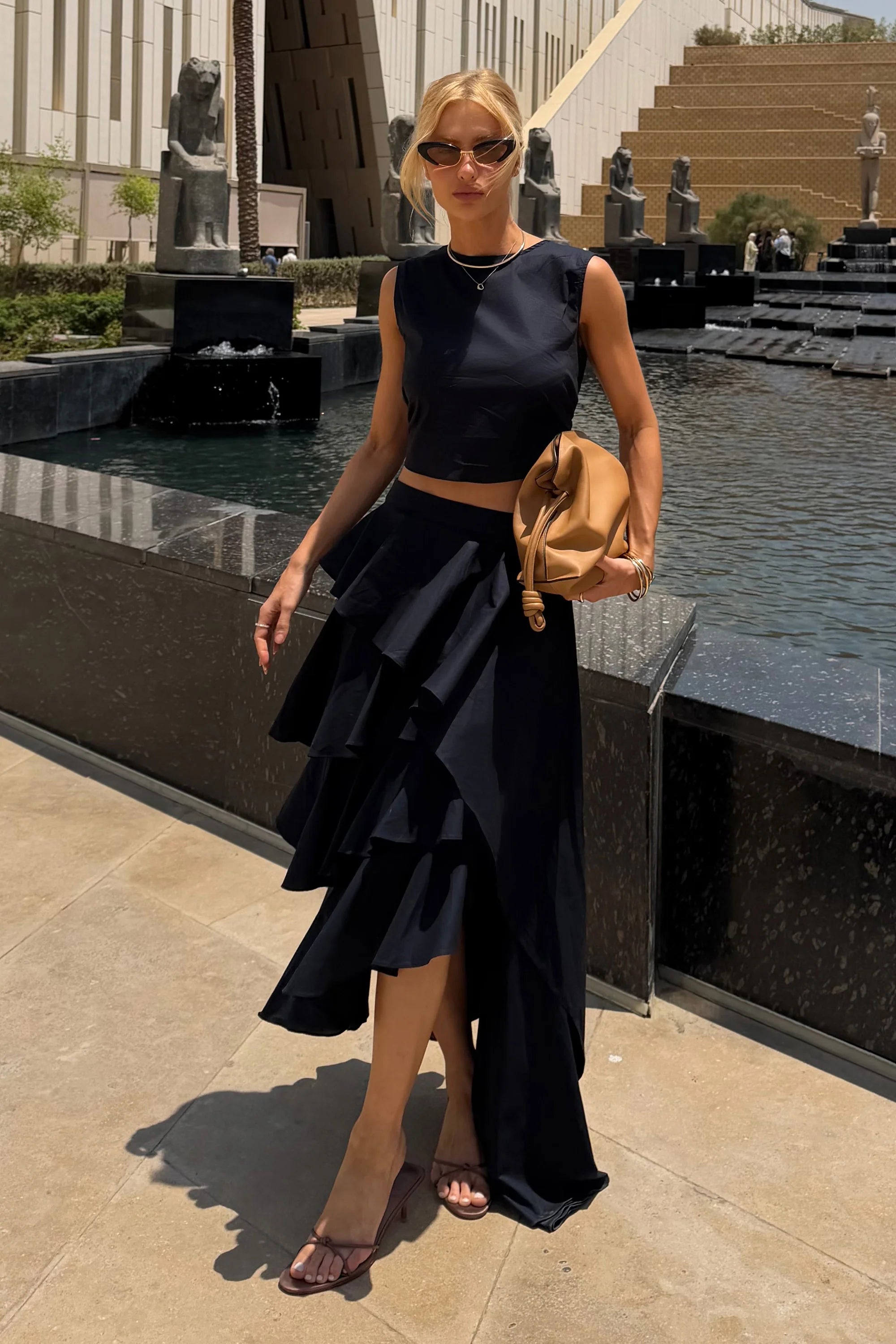 Navy Blue Set: Top and Ruffled midi skirt.