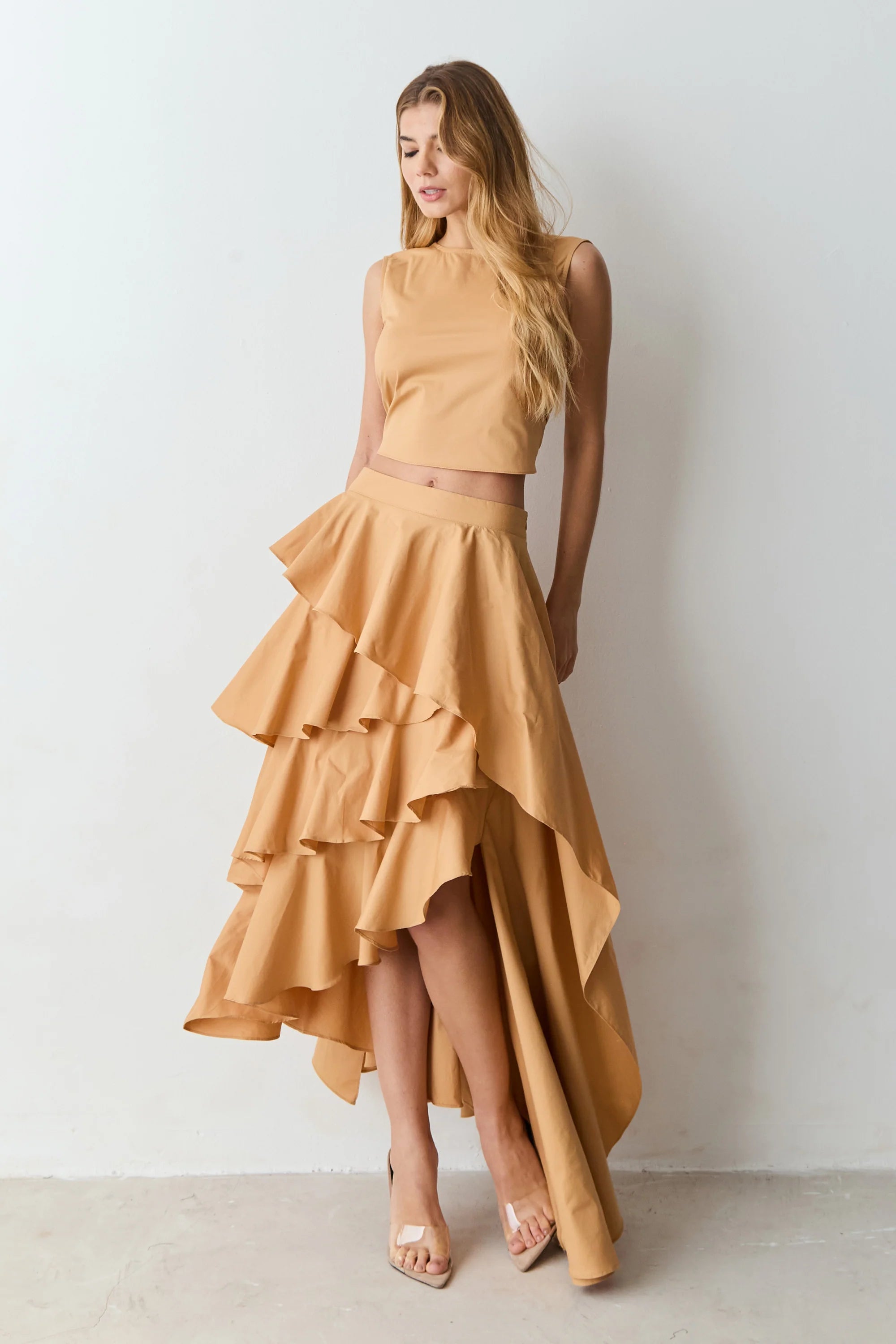 Dulce de Leche Set: Top and Ruffled midi skirt.