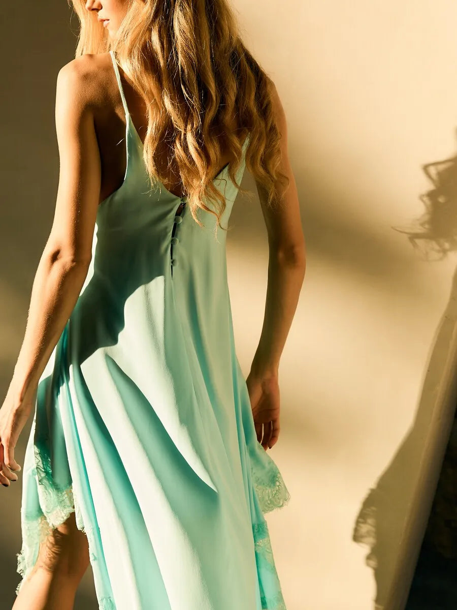 Acqua Asymmetric Midi Dress with Lace.