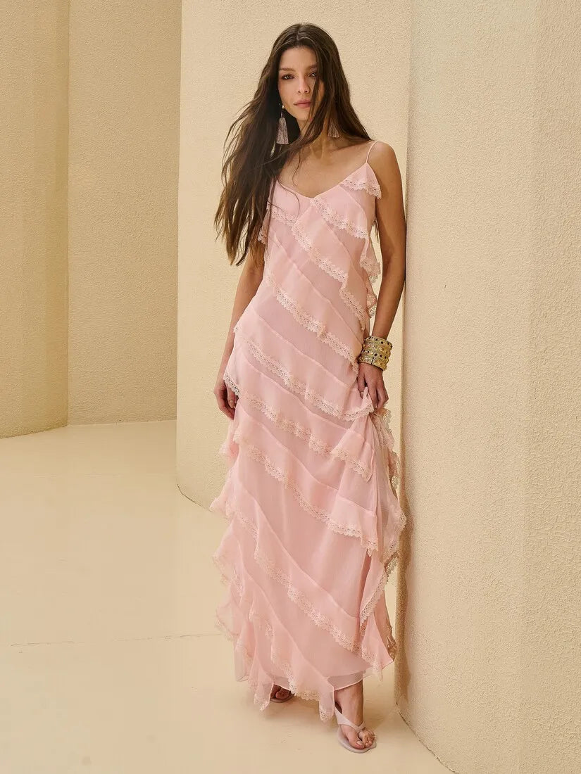 Collab Carol Bassi Candy Pink Long Ruffle Dress