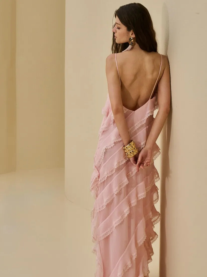 Collab Carol Bassi Candy Pink Long Ruffle Dress