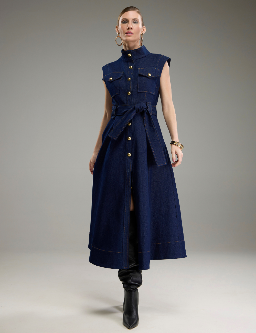 Denim Lady Like Structured Midi Dress
