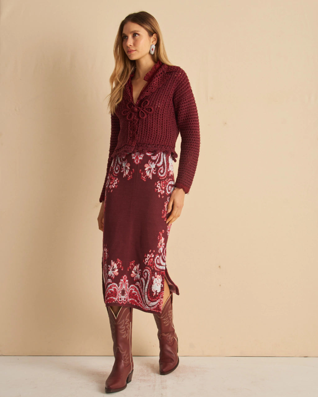 Yvana Paisley Jacquard Knit Midi Skirt Wine