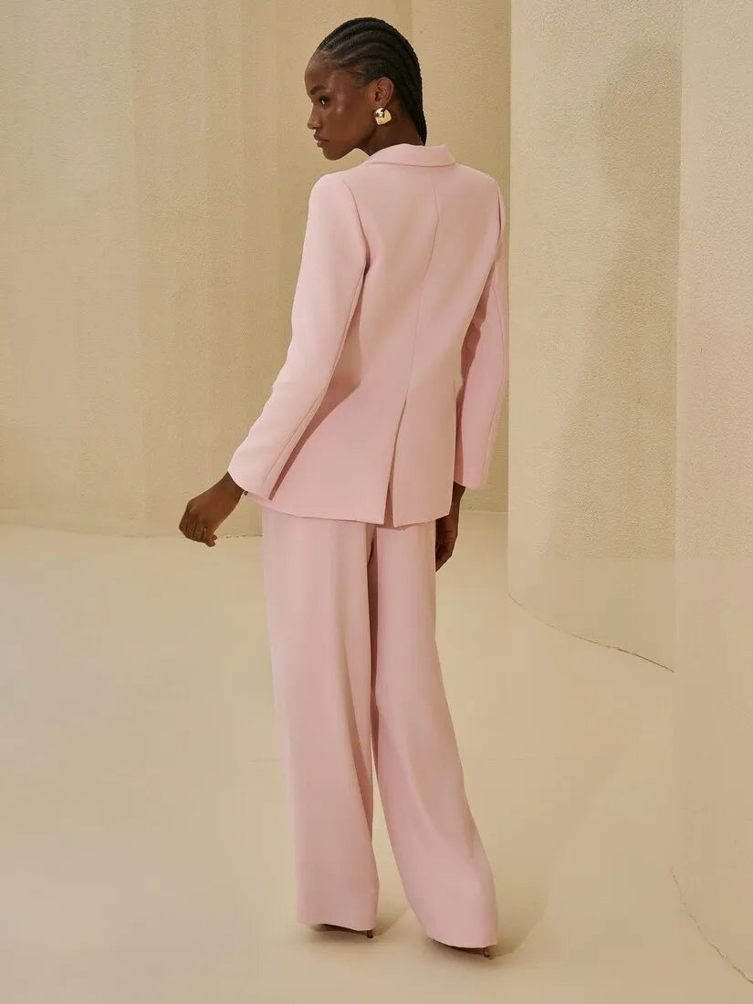 Tailored Pink Blazer Set With Flower Appliqué