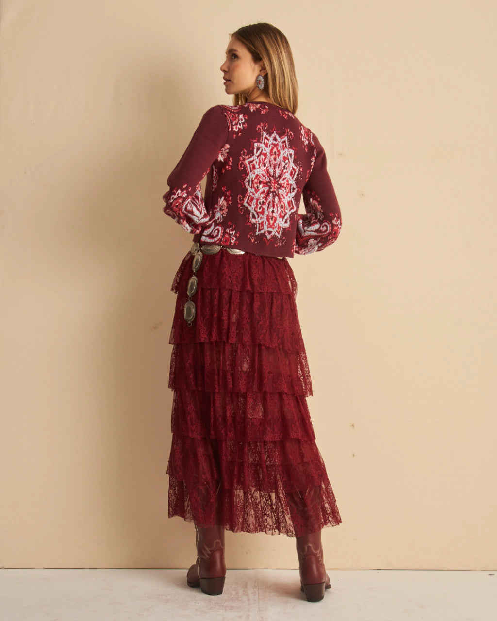 Yara Paisley Jacquard Knit Jacket Wine Red