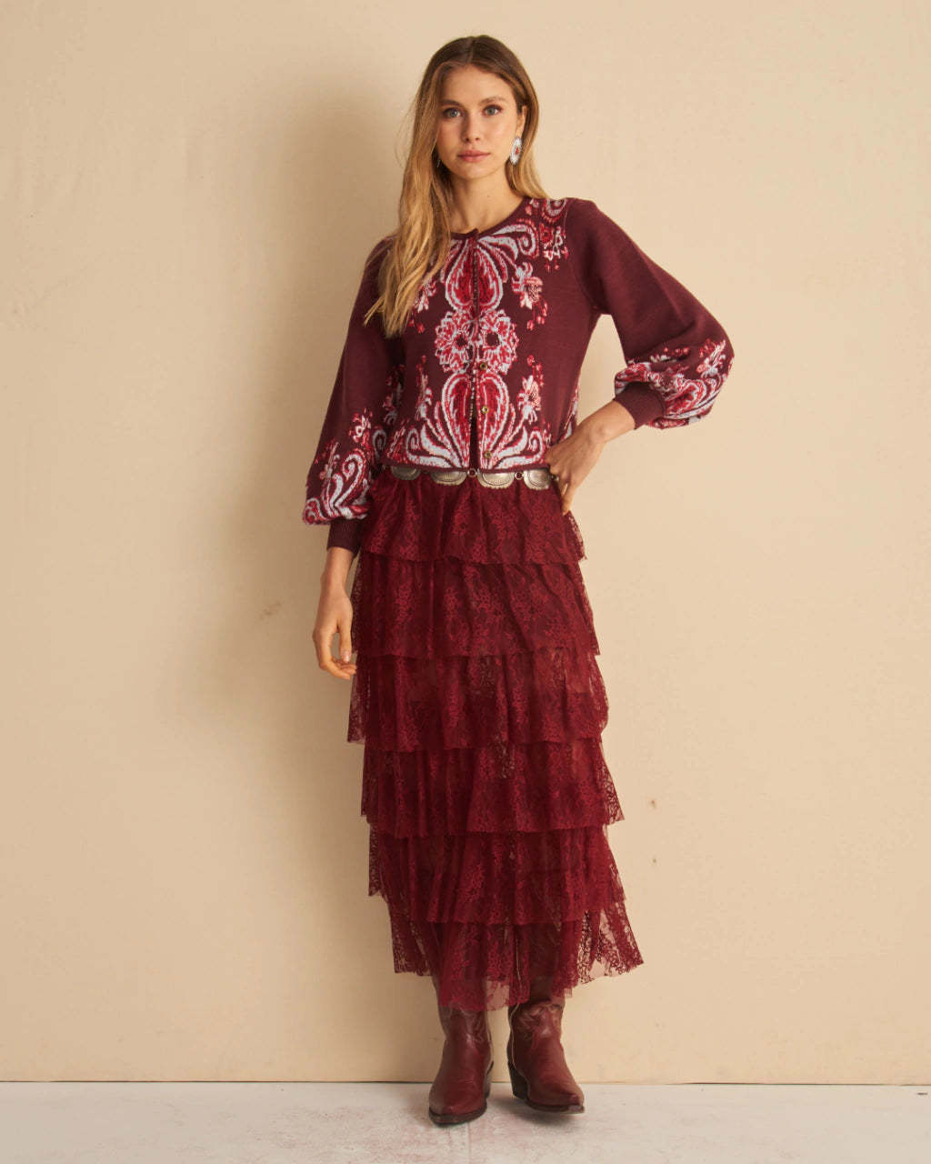 Yara Paisley Jacquard Knit Jacket Wine Red