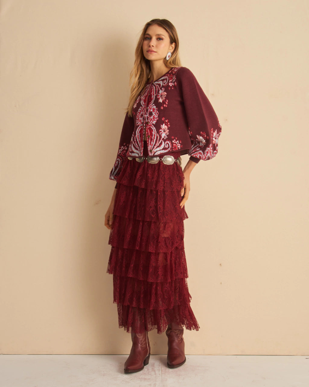 Yara Paisley Jacquard Knit Jacket Wine Red