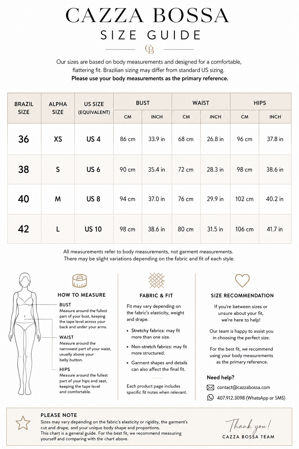 Cazza Bossa Size Guide