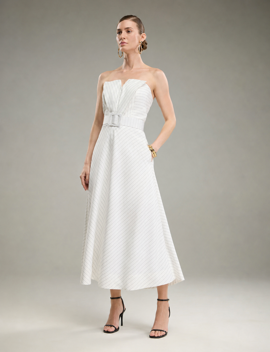Chalk Lines Lady Like Strapless Midi Dress with Belt
