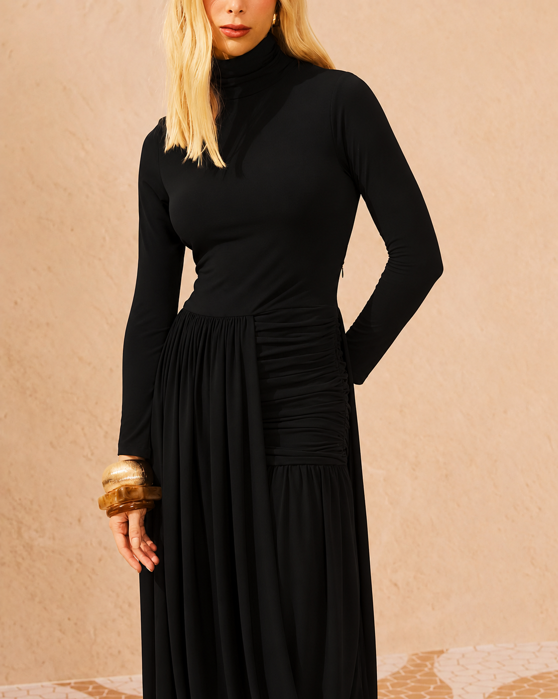 Vicky Draped Jersey Midi Dress – Black