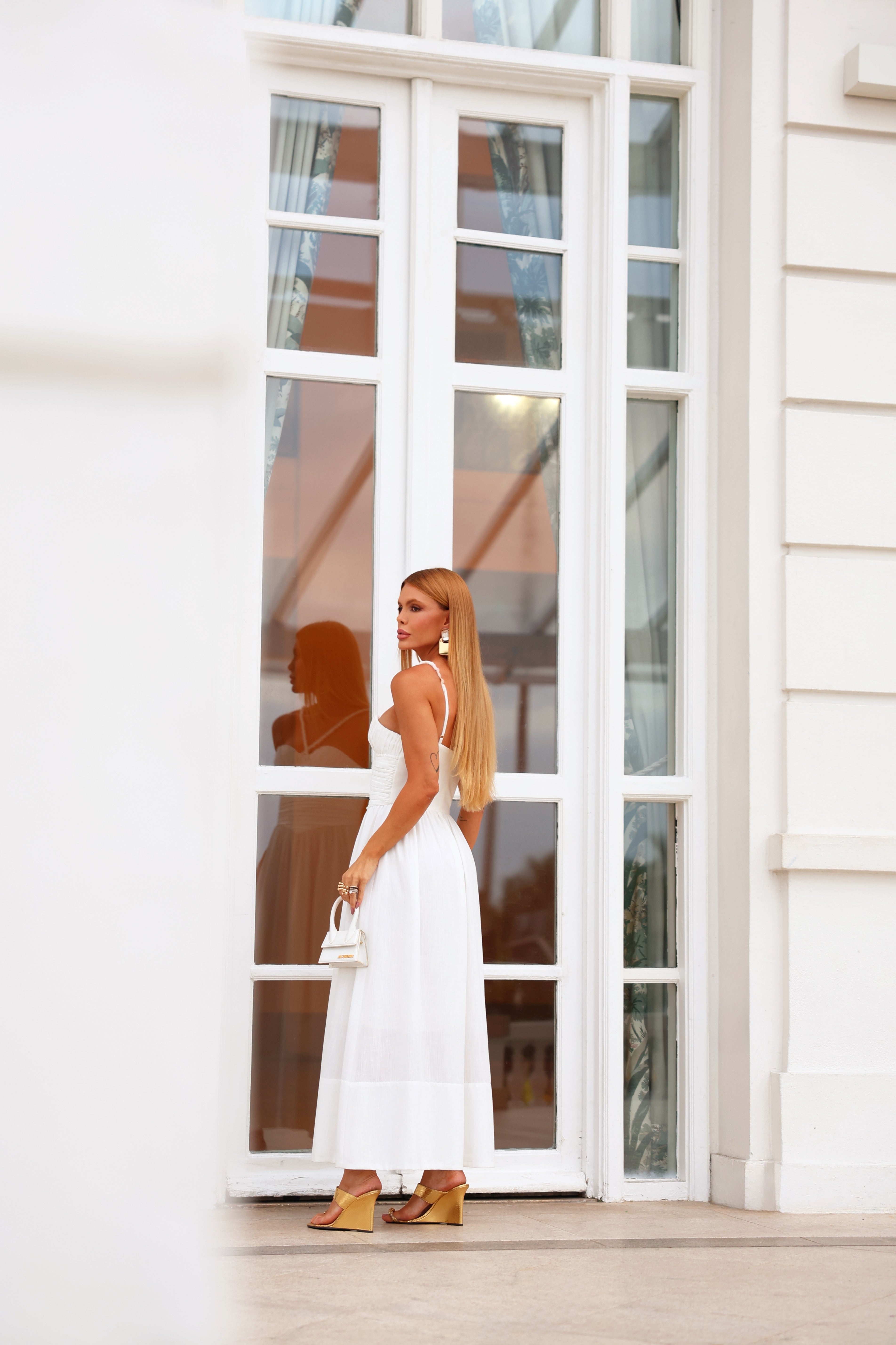 Structured Tailored Midi Dress with Flared Skirt and Gathered Bust