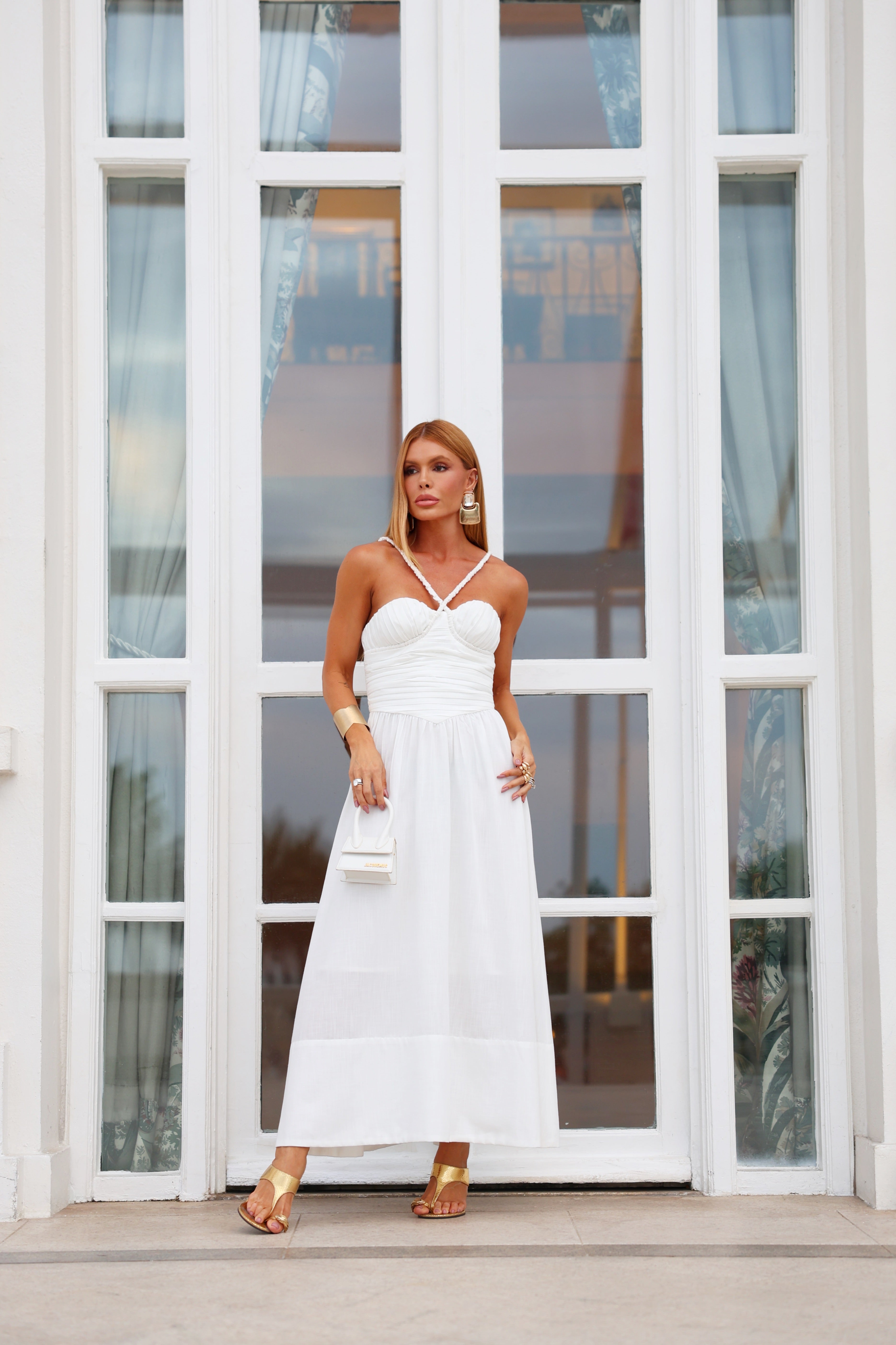 Structured Tailored Midi Dress with Flared Skirt and Gathered Bust
