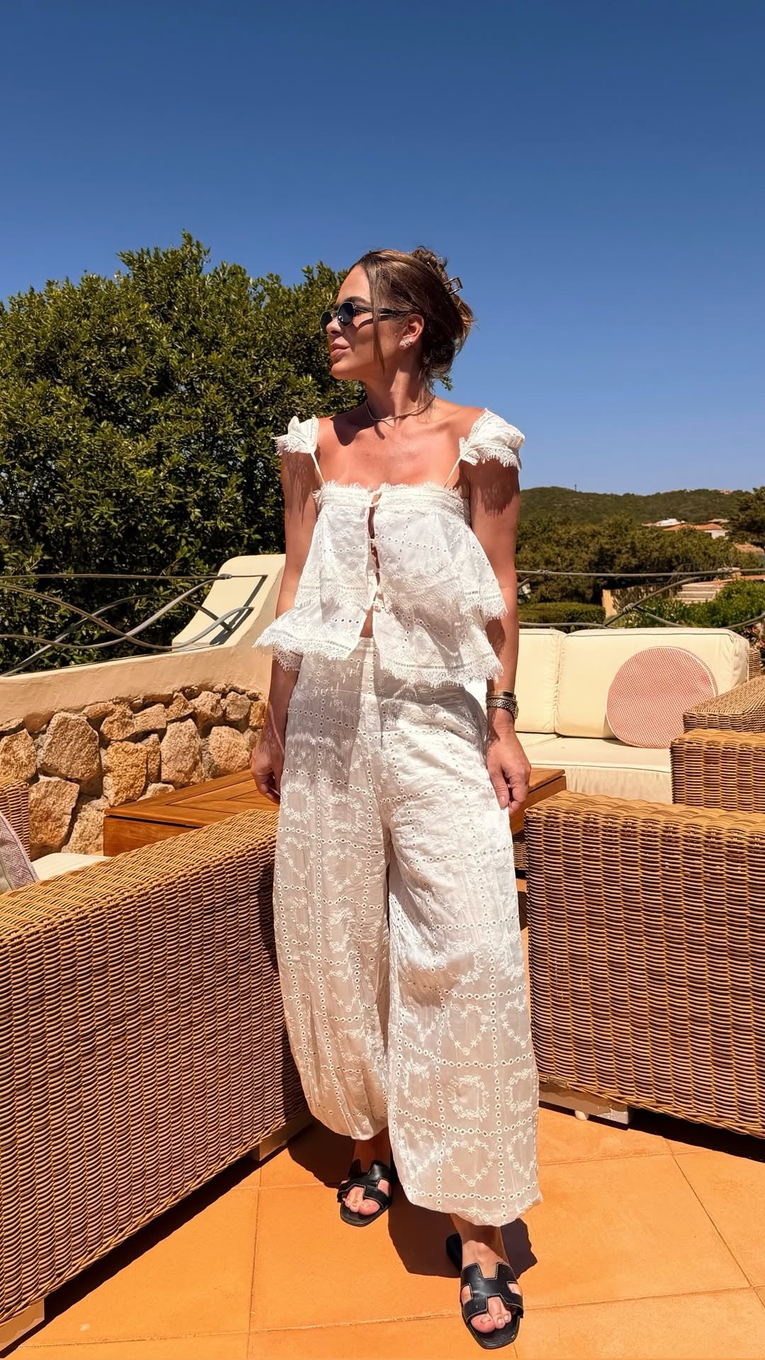 Off-white eyelet tunic and trousers set