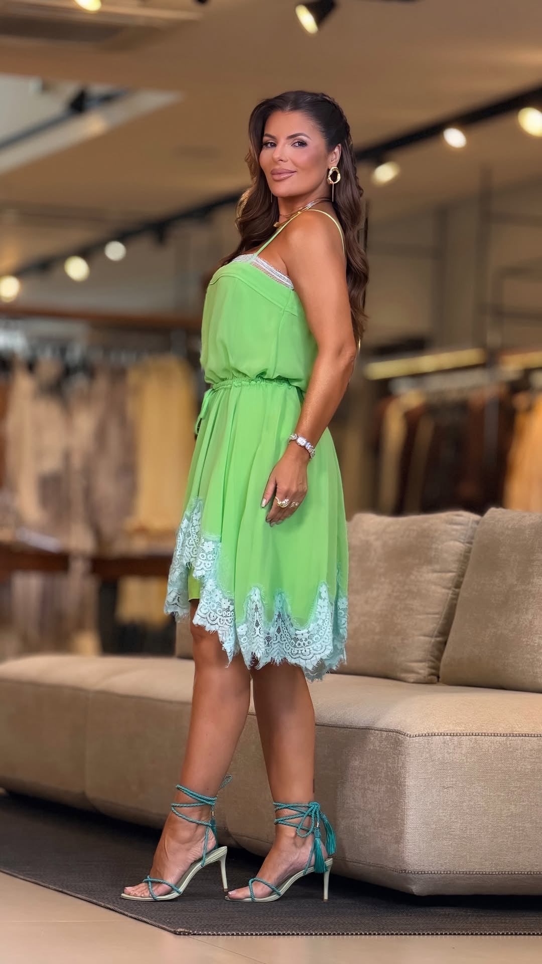 Asymmetric Tea-Green Short Dress with Lace