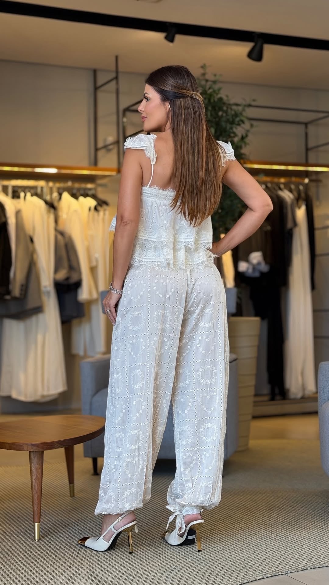 Off-white eyelet tunic and trousers set