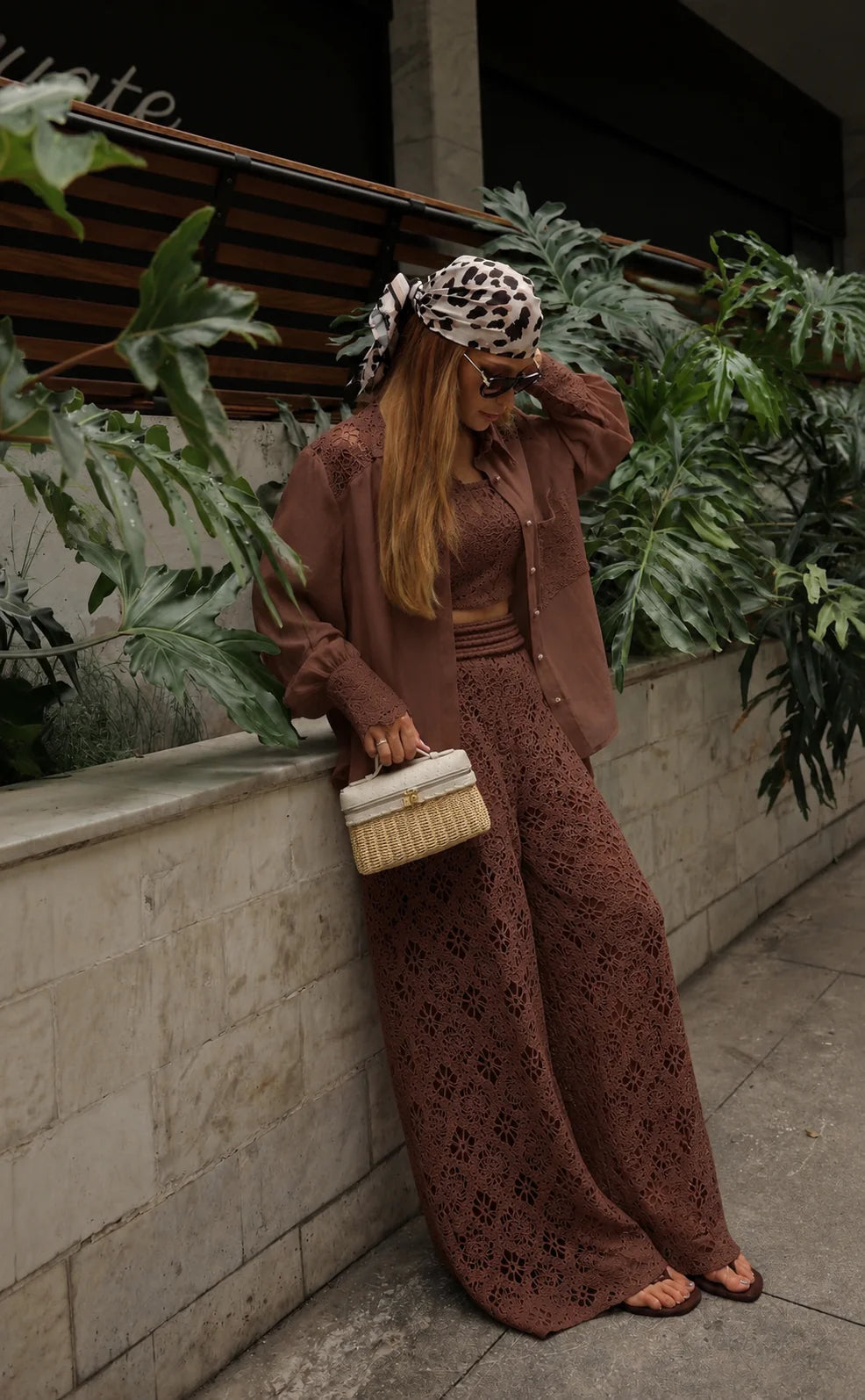 Three-piece Set Lace Shirt Trousers and embroidered Top Brown