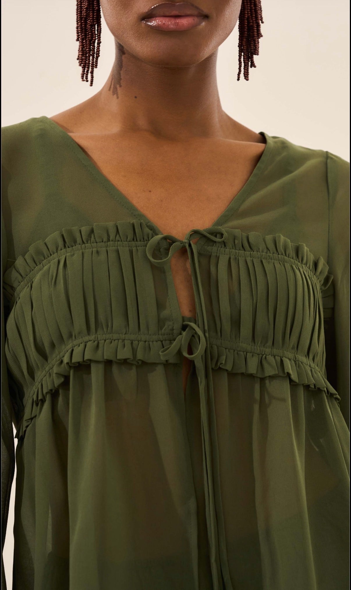 Furrowed Blouse with Top - Olive Green