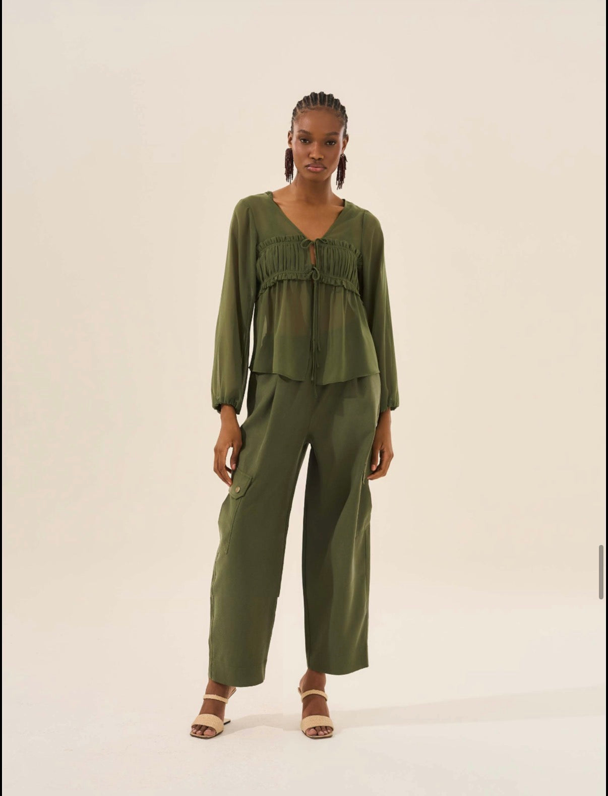 Furrowed Blouse with Top - Olive Green