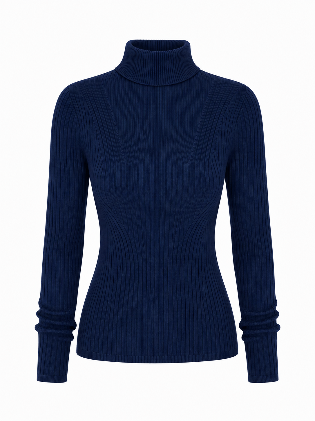 Basic Ribbed Turtleneck Knit Blouse Navy