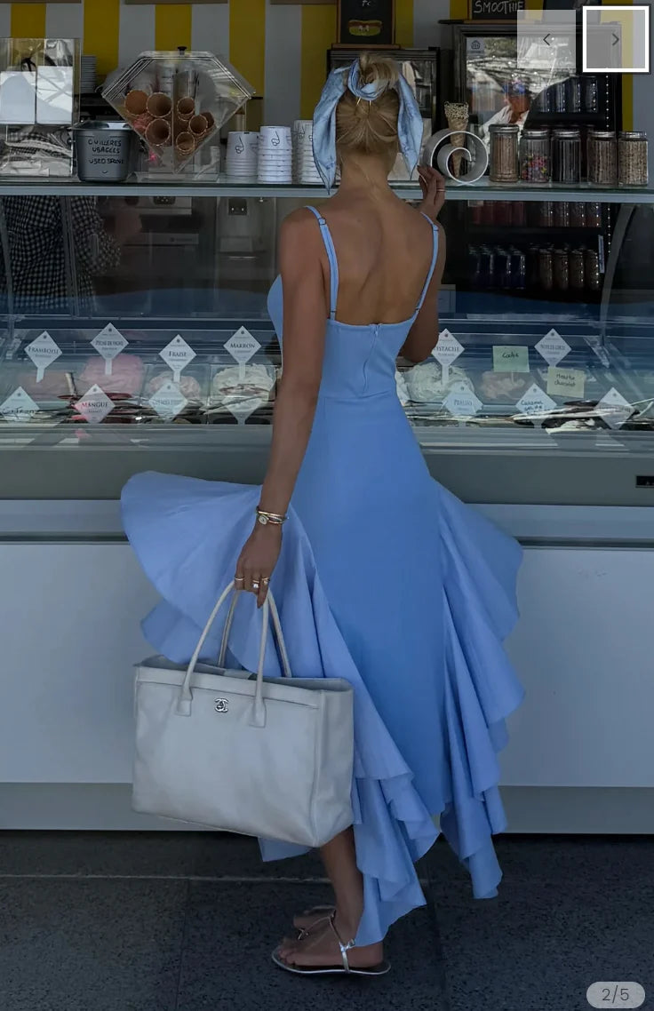 Baby Blue Voluminous Asymmetric Hem Midi Dress with Spaghetti Straps